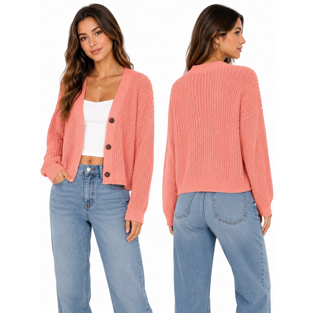 Banana Republic Cardigan Women XL Pink Button Front Ribbed Knit Sweater Coastal - Picture 1 of 11